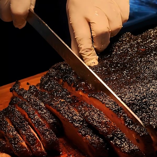 Gloved hands slicing a large, dark, crusted piece of halal meat on a wooden board.